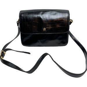 ETIENNE AIGNER Black Genuine Leather Reptile Alligator Flap Pocket Purse Bag